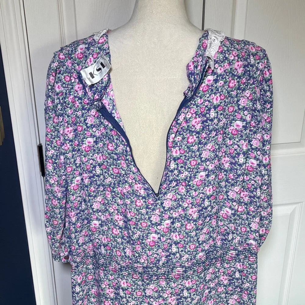 Vintage KSL Floral Midi Dress Crochet Collar Pink & Blue 3/4 Sleeve Size 20 - Picture 6 of 13